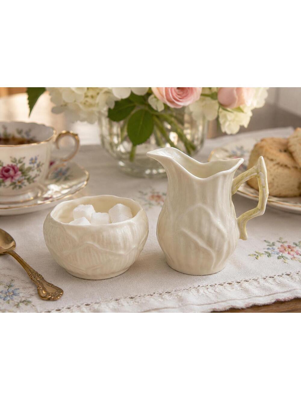Vintage Belleek Irish Porcelain Lily Pattern Creamer & Sugar Bowl Set Ivory